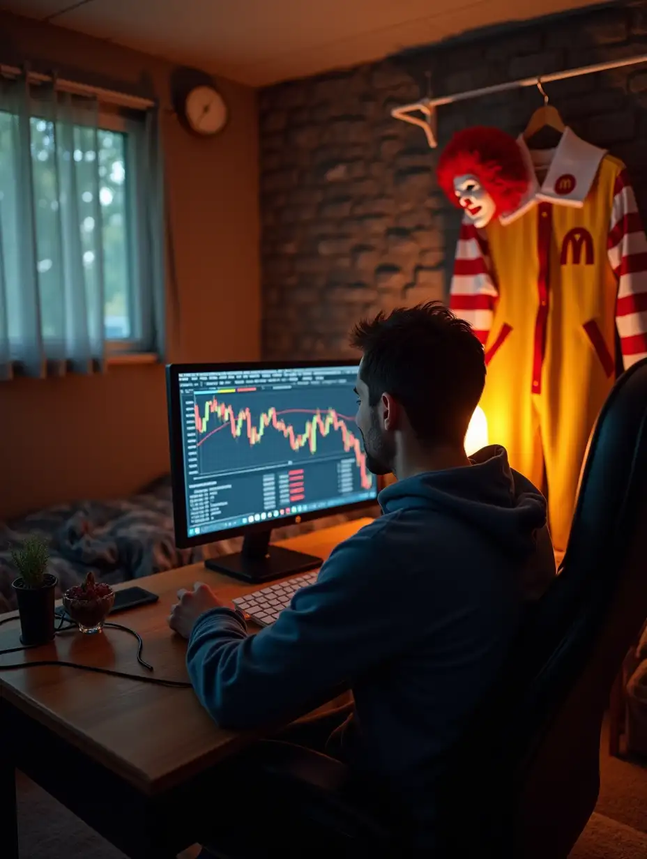 a 30 year old guy sitting at a desk trading crypto on a pc. The price of Bitcoin is going down. there is an airbed in the corner of the room which is his moms basement, a Ronald McDonalds uniform is hanging on rack, with the wig also hanging there. background: basement