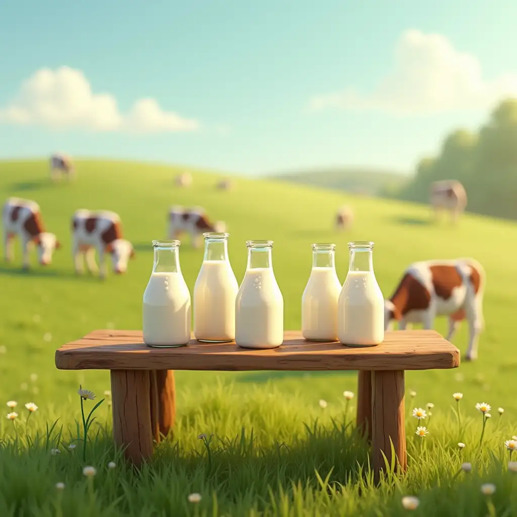 A charming 3D cartoon-style scene in the style of Pixar, set outdoors with a rustic wooden table placed on a grassy patch. The table, made from weathered wood, is covered with several glass bottles of fresh milk, glistening under the sunlight. A few droplets of milk can be seen on the sides of the bottles, reflecting the warm golden rays. In the background, a peaceful countryside field stretches far into the distance, where cows graze lazily on the green grass. The cows are scattered across the open field, some chewing on the grass while others wander contentedly. The soft rolling hills beyond the cows add to the calm and idyllic atmosphere, with the sky above a gentle blue and a few fluffy clouds drifting by. The natural sounds of the countryside, like the soft mooing of the cows and the rustling of the grass, complete the serene and peaceful scene. The wooden table sits harmoniously within the tranquil farm setting, emphasizing the simplicity and beauty of rural life