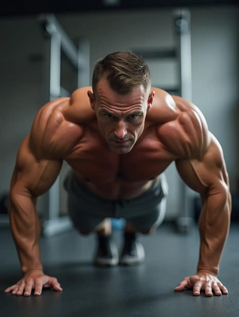 A muscular man, middle-aged, Caucasian, is performing a modified push-up. He is shirtless, and wears gray workout pants. His facial expression is focused and determined. He has a medium build and is centered in the image. He is positioned in a plank-like push-up, with his arms and legs extended, supporting his body weight. The position is close to the ground with his body in a horizontal line. His head is tilted slightly down, and his gaze is directed toward the ground. The background is a gym, with muted gray and white tones from the equipment in the room. The flooring is a dark gray/charcoal textured mat. The lighting is bright, with a slightly dramatic, focused light on the subject that highlights the body's muscle definition.  The composition is eye-level, close up, and the focus is entirely on the man's form and exertion. The overall style is athletic and emphasizes strength and fitness.  The image is sharp, with a clear view of the subject's muscular definition and pose.