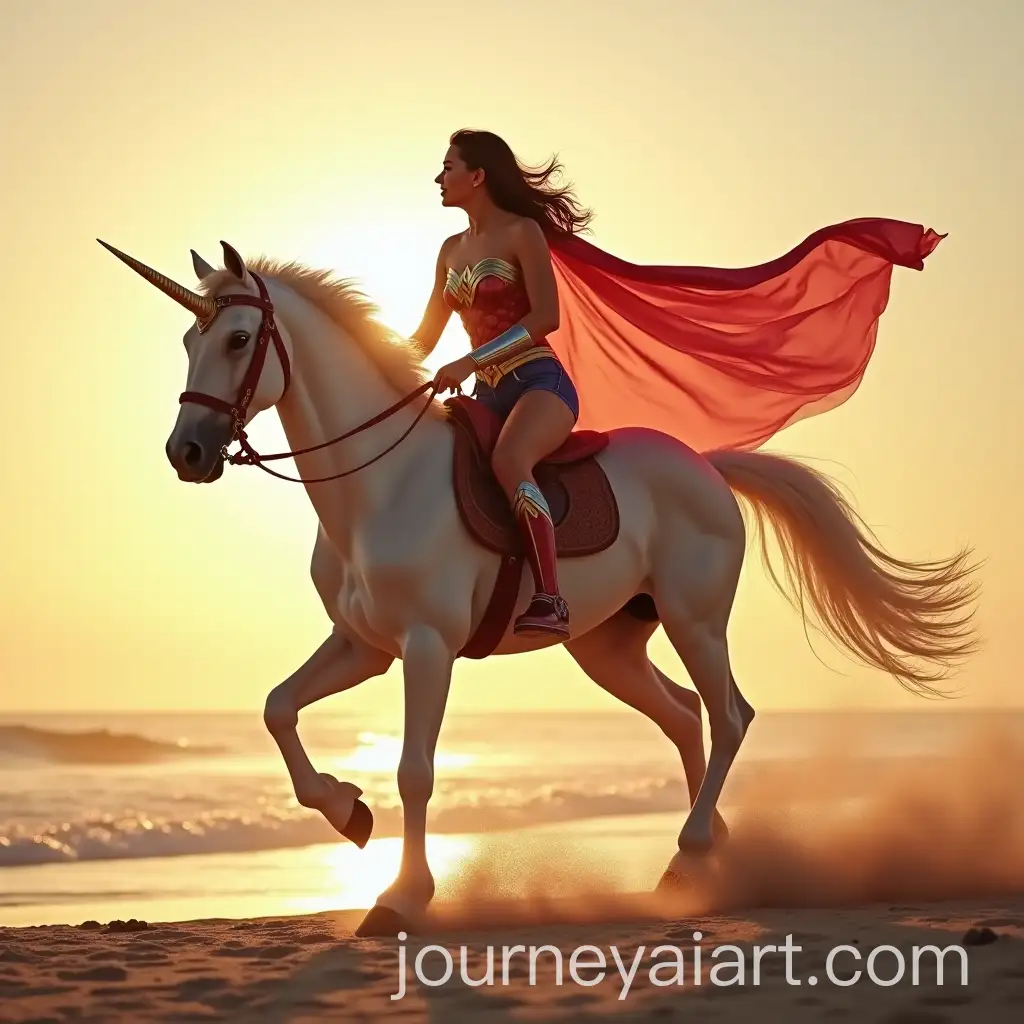 Wonder-Woman-Riding-a-Unicorn-on-a-Sandy-Beach-at-Sunrise