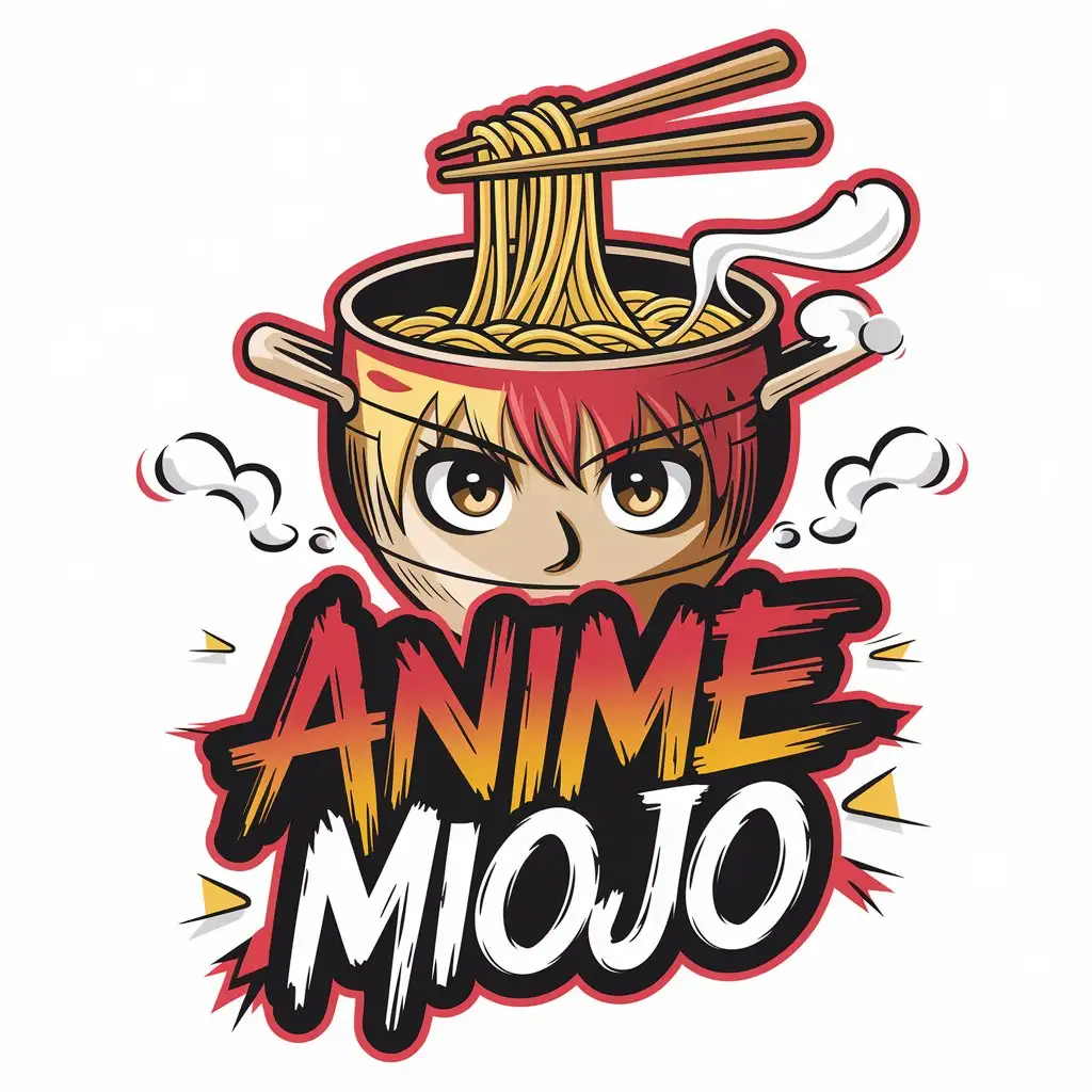 LOGO Design for Anime Miojo AnimeInspired Pot of Noodles with Steaming Face Bold Typography