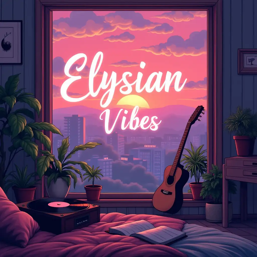 Cozy-Lofi-Room-with-Vibrant-Sunset-and-Dreamy-Cityscape