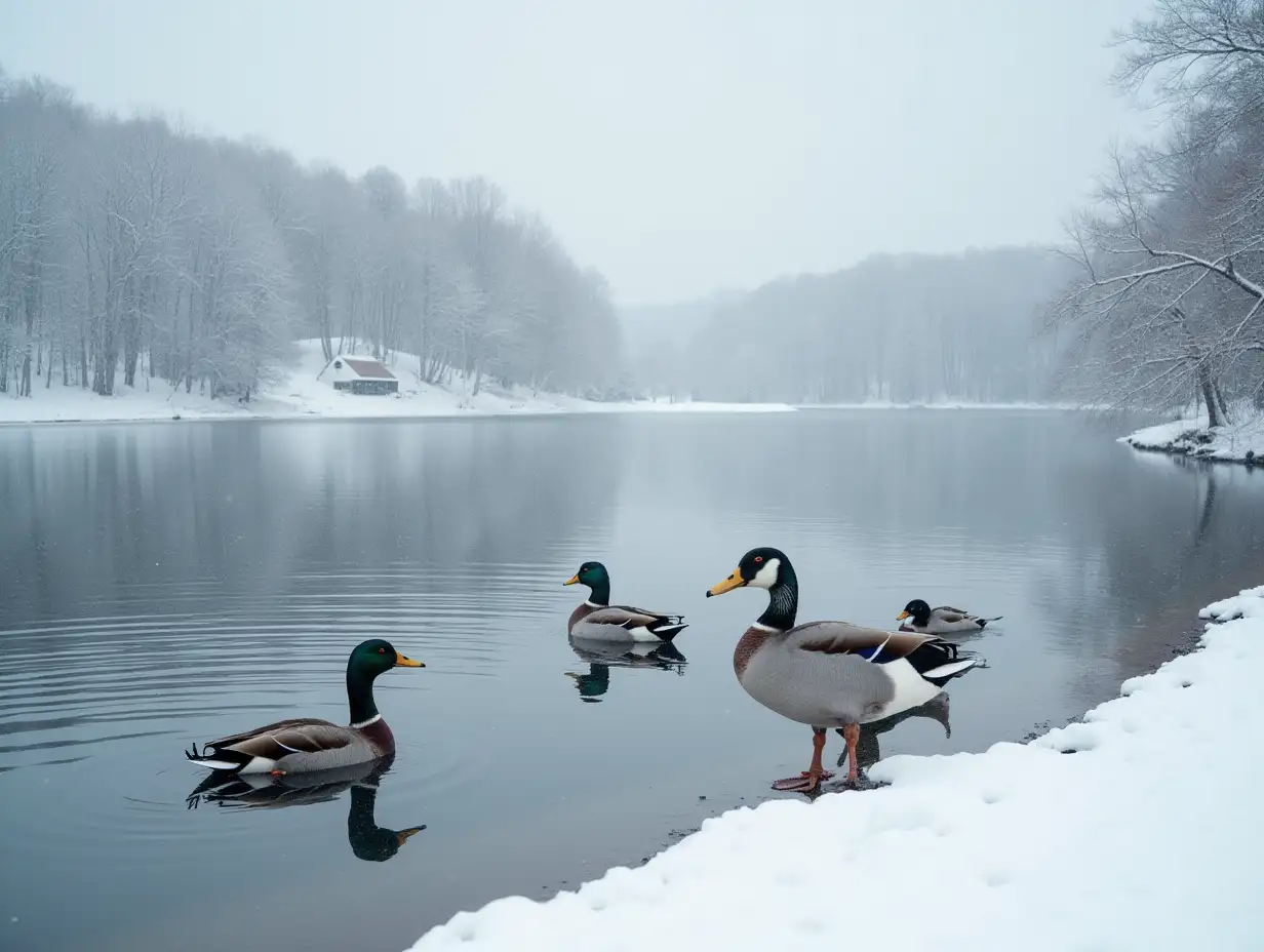 ducks on the lake winter landscape snow