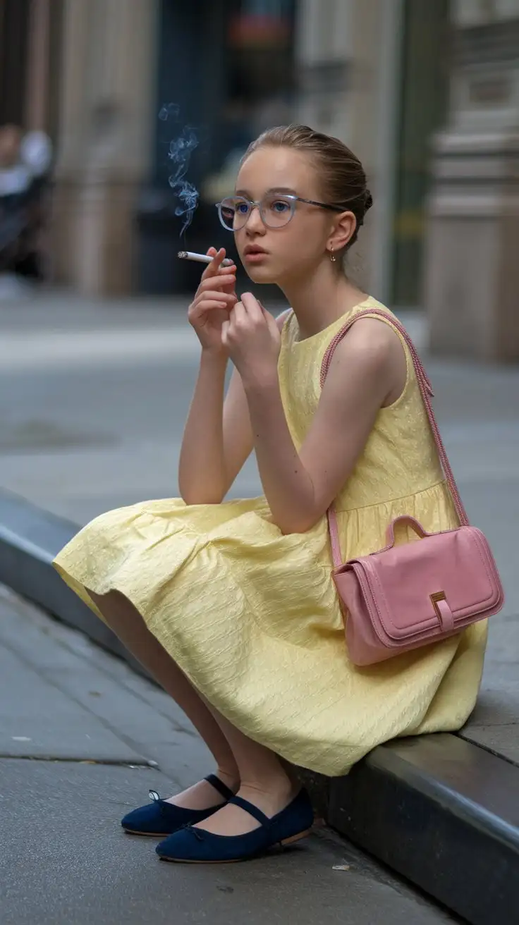 little young girl wear yellow dress and slim glasses and blue ballet flats and sits on the sidewalk and carries a pink shoulder bag and smoking a cigarette without hands