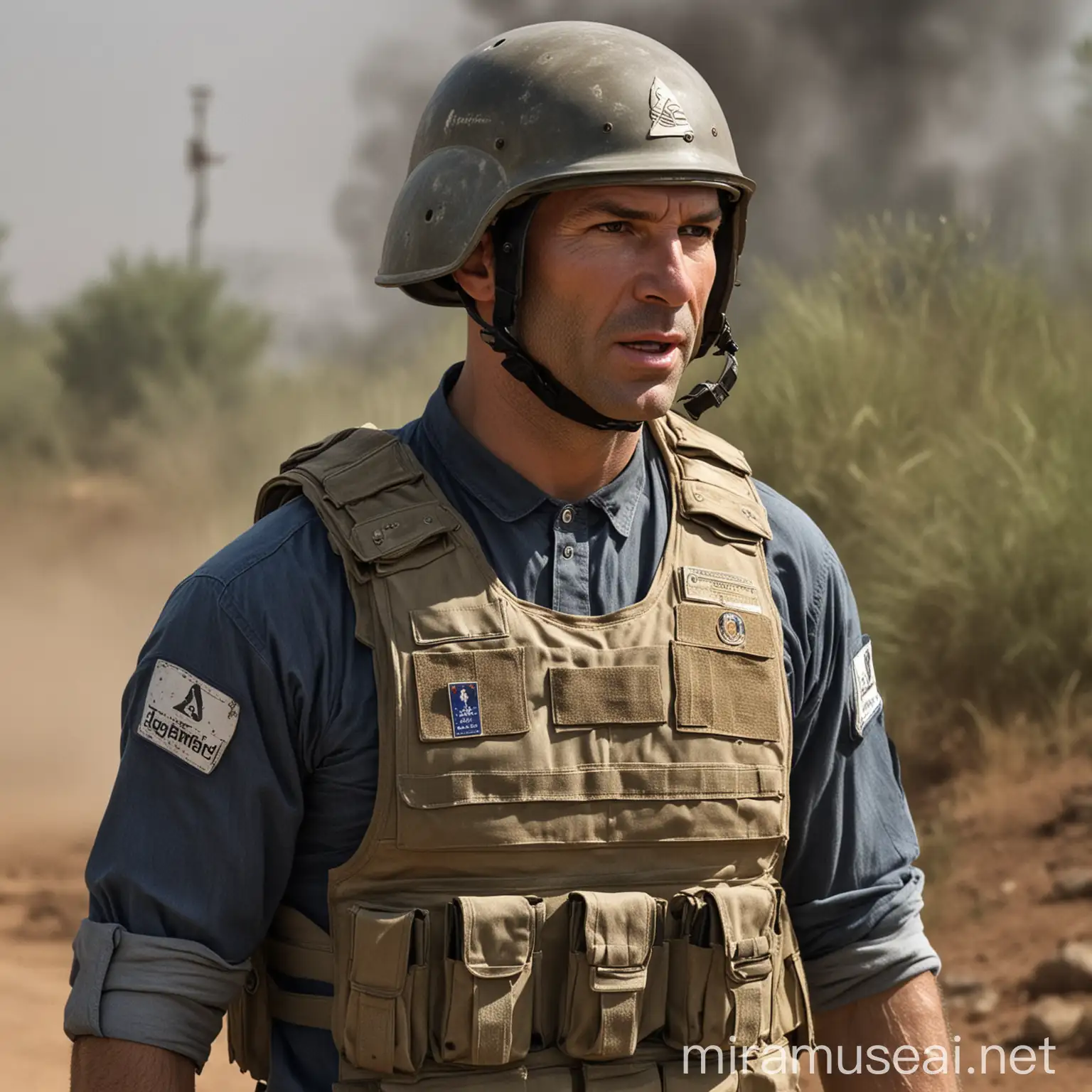 Zinedine Zidane in Bulletproof Vest and Helmet Portrait of Soccer Legend in War Gear