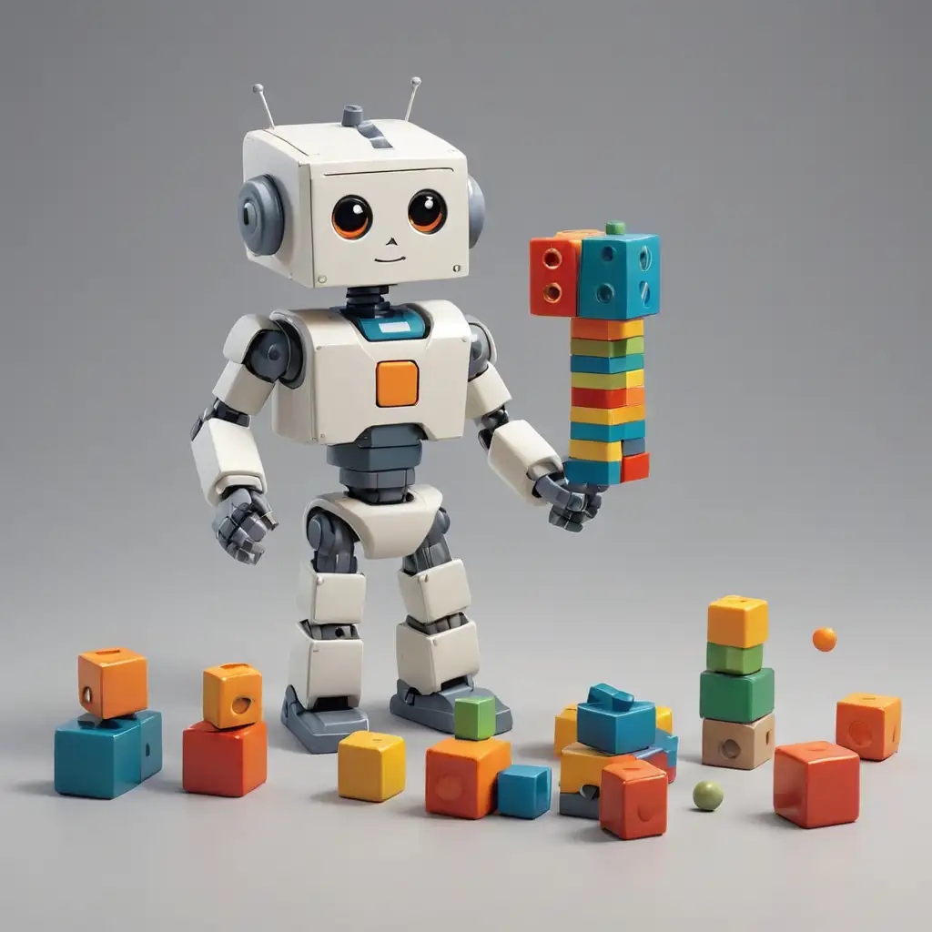 a cute, small/ young robot plays with simple toy building blocks of different uniform colors and shapes(e.g. cubes, cylinders, spheres).