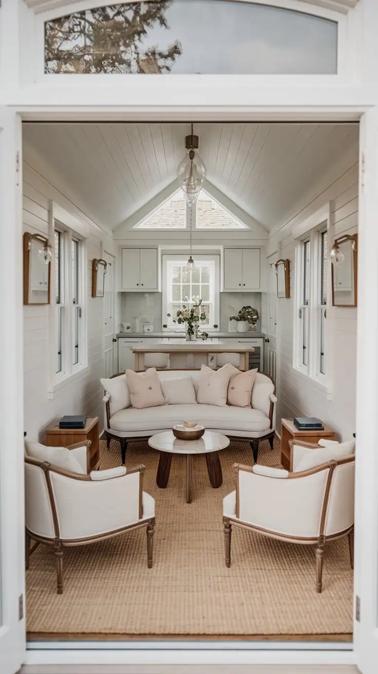 Wide open shot of a real tiny house living room with furniture scaled perfectly for the space.  A petite, two-seater sofa, a small round coffee table, and delicate armchairs are arranged in a comfortable seating area.  The furniture is elegant and refined, but not bulky or overwhelming.  The room feels airy and spacious despite its small size.  Focus on the harmonious proportions of the furniture within the space.  Interior design photography, realistic, soft lighting, 8K.