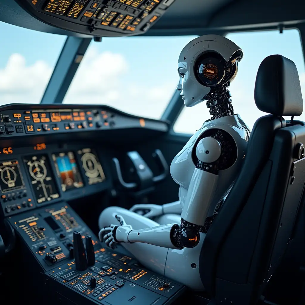 female robot pilot sitting in the cockpit of an airbus