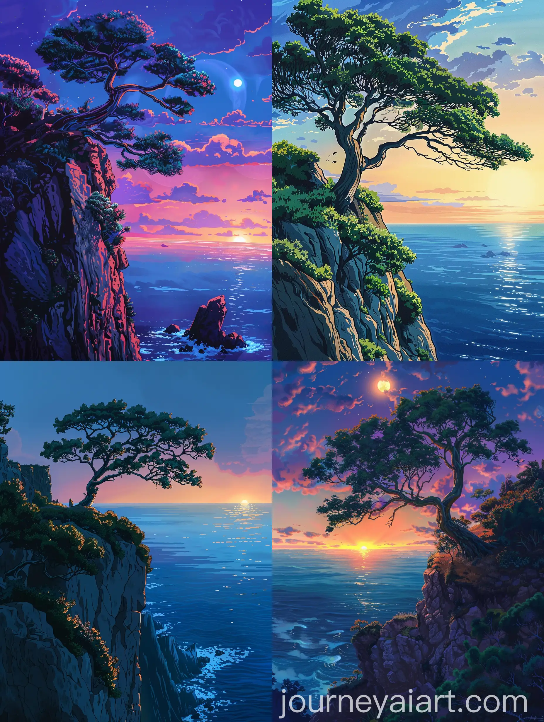 Ghibli-Style-Cliffside-Tree-at-Dusk-with-Ocean-View
