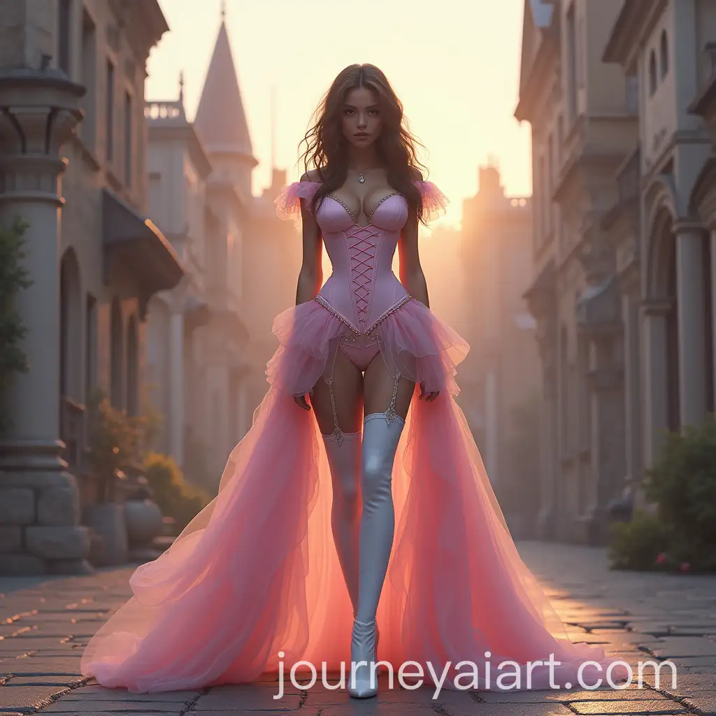 Elegant-Woman-in-Pink-and-White-Corset-in-a-Misty-Castle-Courtyard