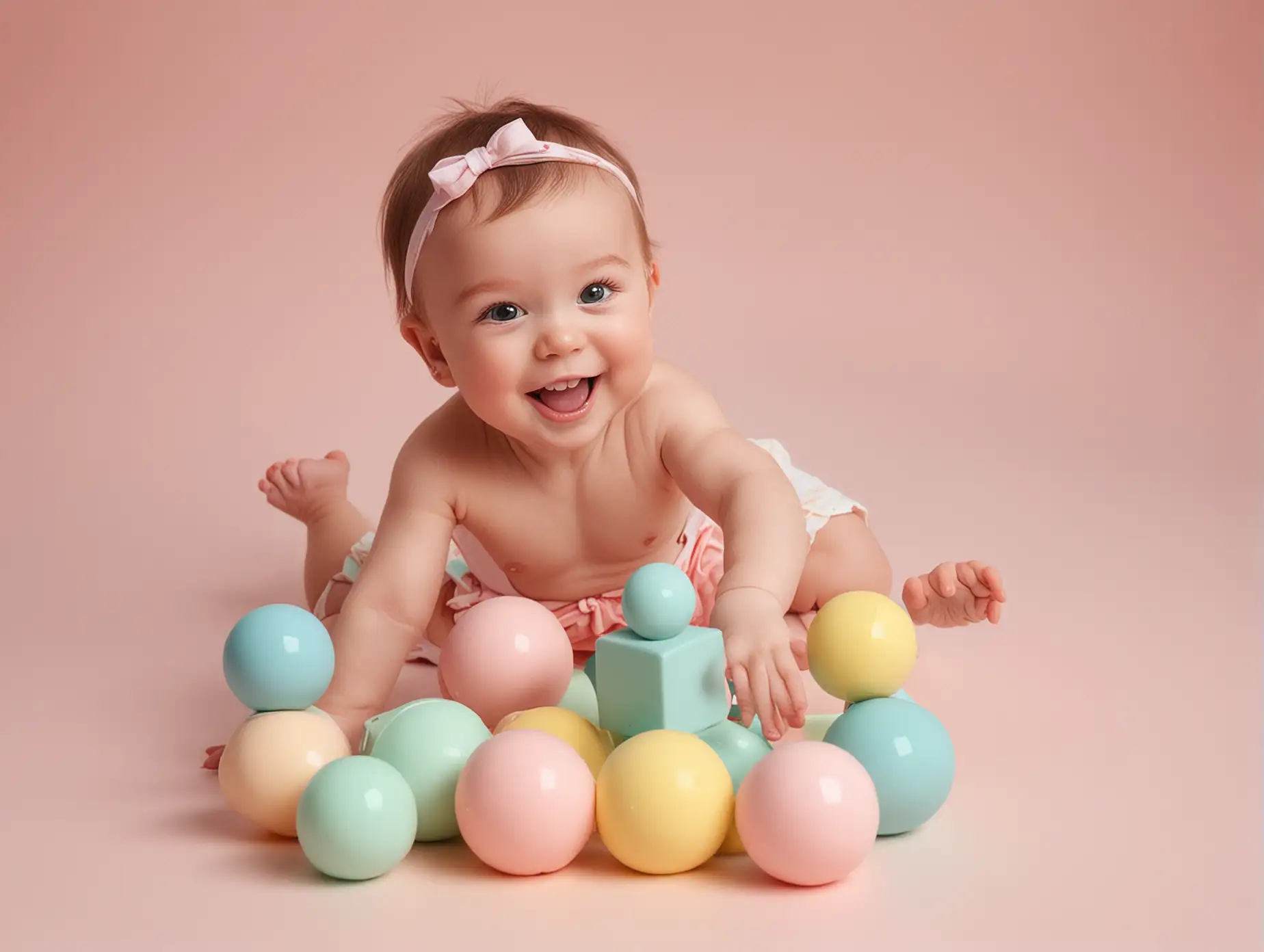 Theme: A simple and clean YouTube thumbnail. Colors: Use pastel tones like soft pinks, light blues, gentle yellows, and mint greens. Background: A light, pastel-colored background, possibly with subtle abstract shapes or gradients. Main Elements: An array of sensory toys, such as soft blocks, textured balls, and colorful rattles, scattered or arranged neatly. A smiling baby (with a chubby build) reaching for or playing with one of the toys. Text: Include the title 'Benefits of Sensory Toys & Games for Babies' in bold, easy-to-read font. The text should be in a contrasting pastel color, ensuring it's legible. Font Style: Use a rounded, child-friendly font.