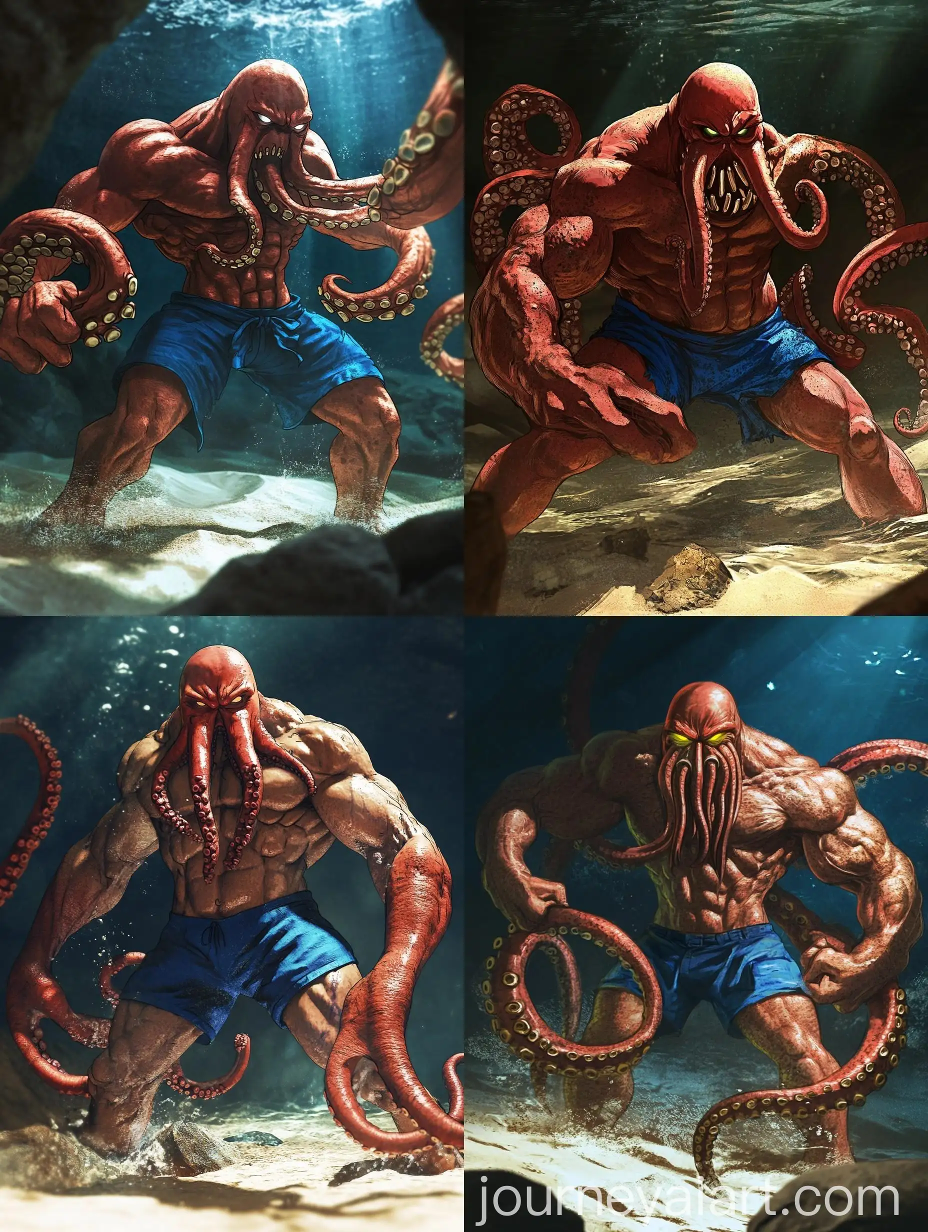 Mutant-Octopus-Underwater-in-Blue-Shorts
