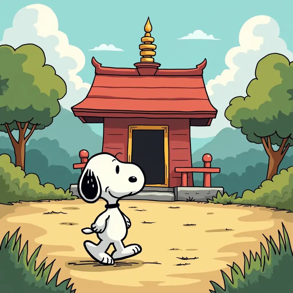 create a Snoopy cartoon walking to the temple