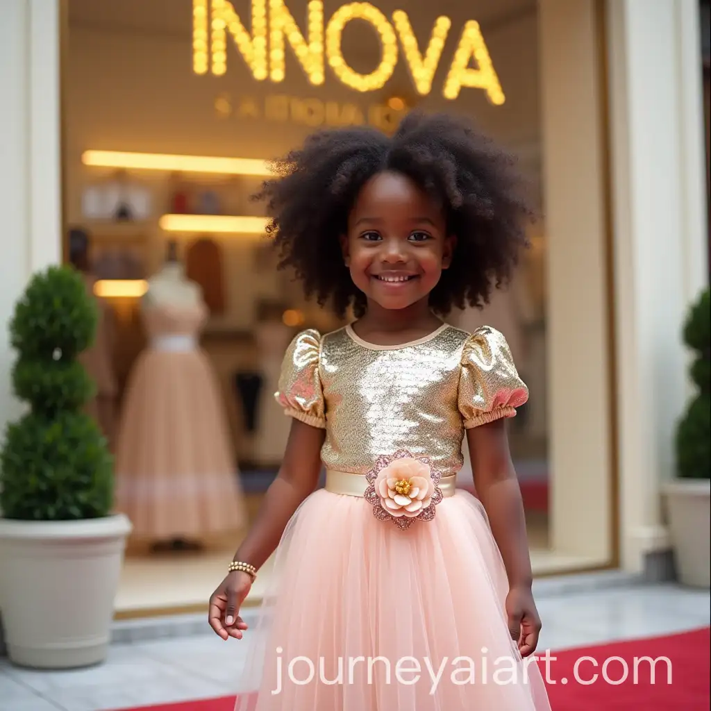 Elegant-3YearOld-Black-Girl-Posing-in-Front-of-Modern-Store-with-Red-Carpet-and-Golden-Sign