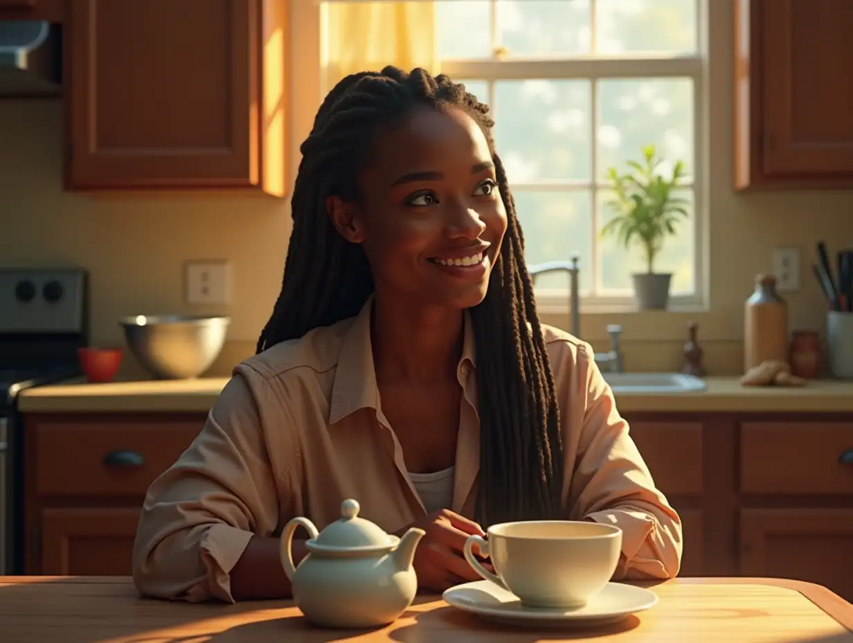 Monica-Enjoying-Tea-in-Her-Sunlit-Kitchen-with-a-Confident-Smile