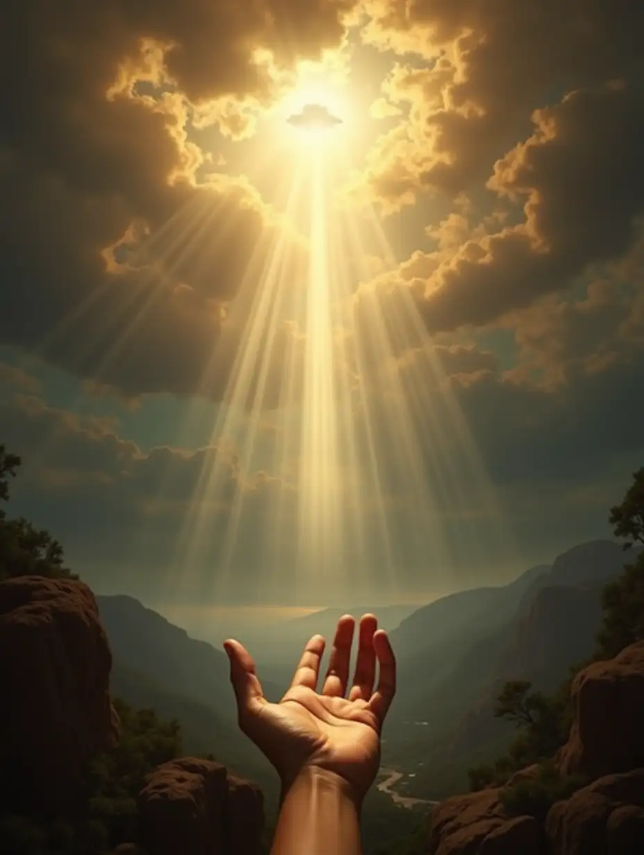 Divine light beams from the heavens over vast landscapes, with a hand reaching down, in a classic Renaissance style.