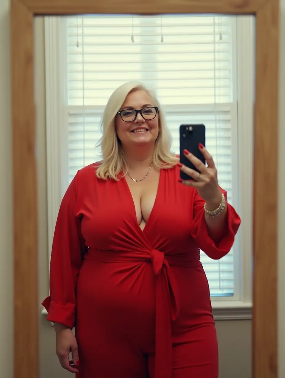 A full-body mirror selfie taken from a first-person perspective. A CURVY 50 years old woman stands facing in front of the mirror, (VERY DISSOLVED AND LOOSE RED ROBE AROUND THE BUST, NO BRA, NO SHIRT, glasses), . Her platinum blonde hair falls over her shoulders. She holds a phone outstretched, capturing her reflection. The hand with the phone hides her face. (The fitting room for clothes in a store is bright with a light featuring white blinds in the background.), The mirror frame and wall are visible, creating an intimate bathroom setting., (day lighting), HD, vivid colors, detailed portrait. No fogging, 8k, ultra hd photorealistic full height 8k, 