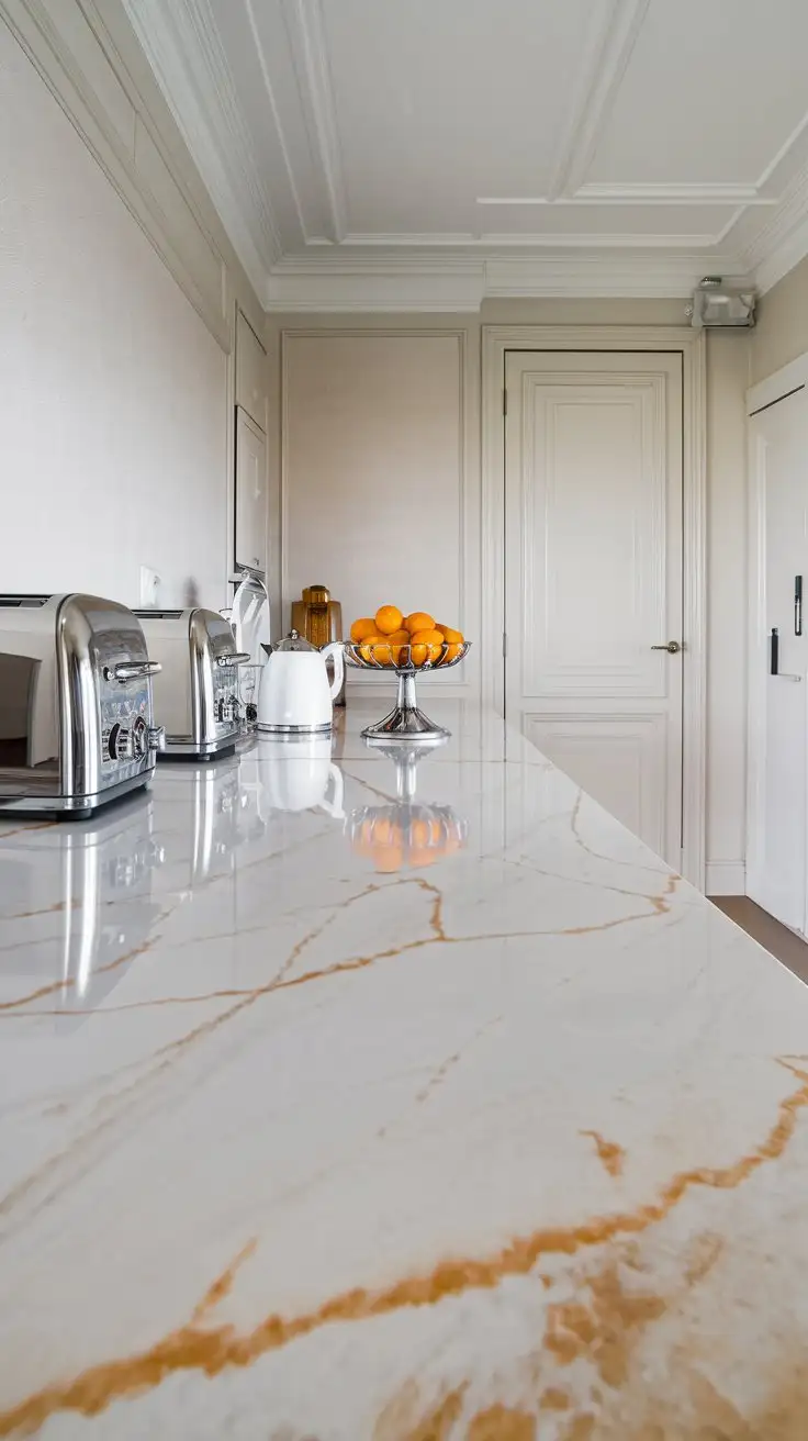 Wide, eye-level shot of a kitchen countertop with a realistic marble-look laminate.  A modern, minimalist kitchen setting.  Sleek stainless steel appliances and a chrome fruit bowl are on the counter.  Clean, bright lighting, polished surface, sophisticated style, professional interior design