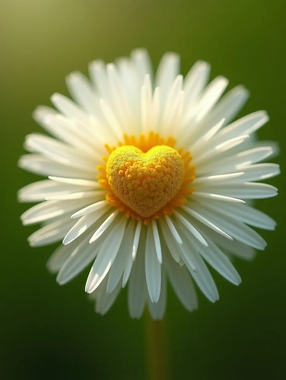 close up of a dandelion flower, the center of the flower is a solid golden hearts, photorealistic