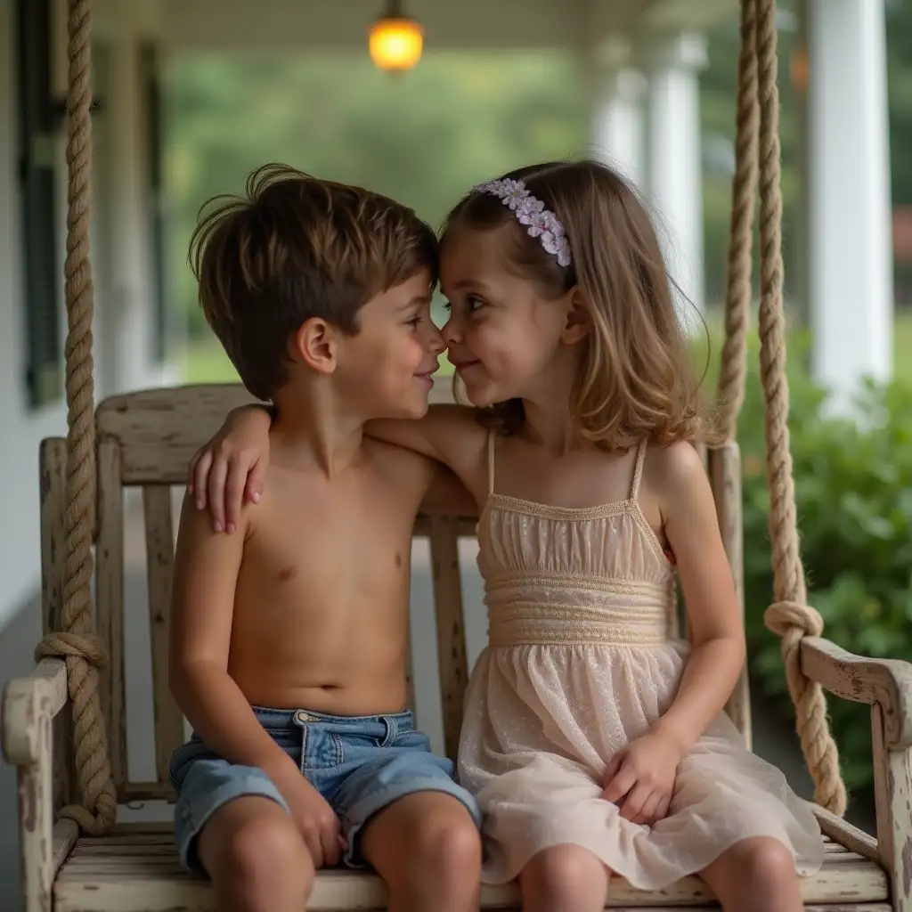 slender little girl shiny skin strappy sheer minidress slender legs visible sitting on a porch swing. a boy no shirt denim shorts shiny skin is with her. they are in love