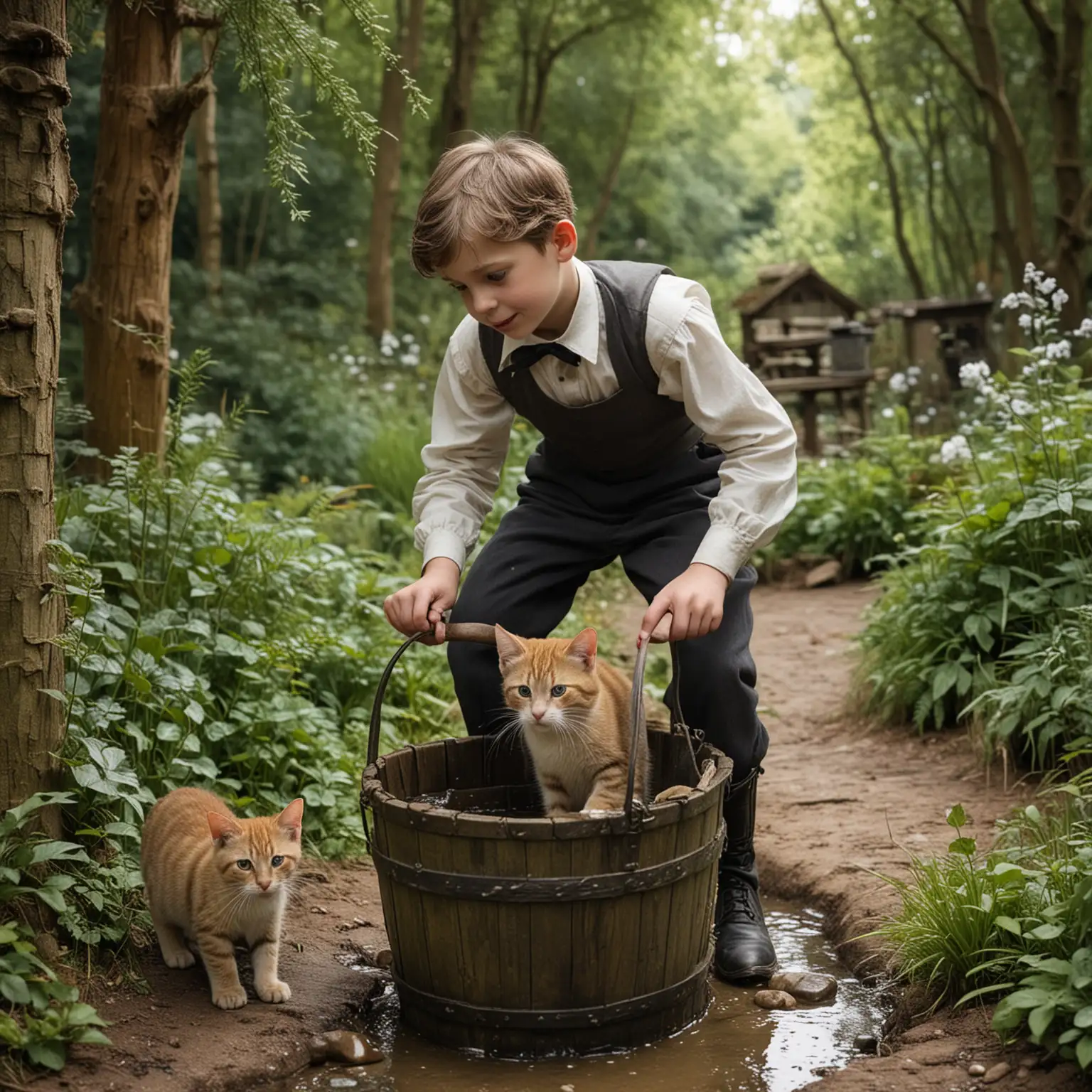 Victorian Boy Pulling Cat from Wishing Well in Forest