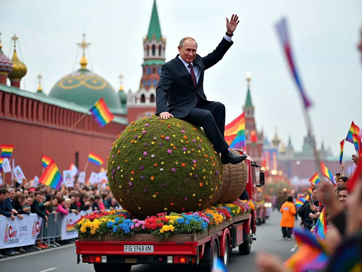 A vibrant parade takes place in Red Square, featuring a massive hazelnut tree adorned with colorful flowers and LGBT flags. Riding atop the tree is Vladimir Putin, dressed in a festive suit, waving to the cheering crowd. The tree is pulled by a truck, while performers in bright costumes dance around, celebrating unity and diversity. The atmosphere is filled with music and joy, as spectators wave flags and banners, embracing the spirit of the event.