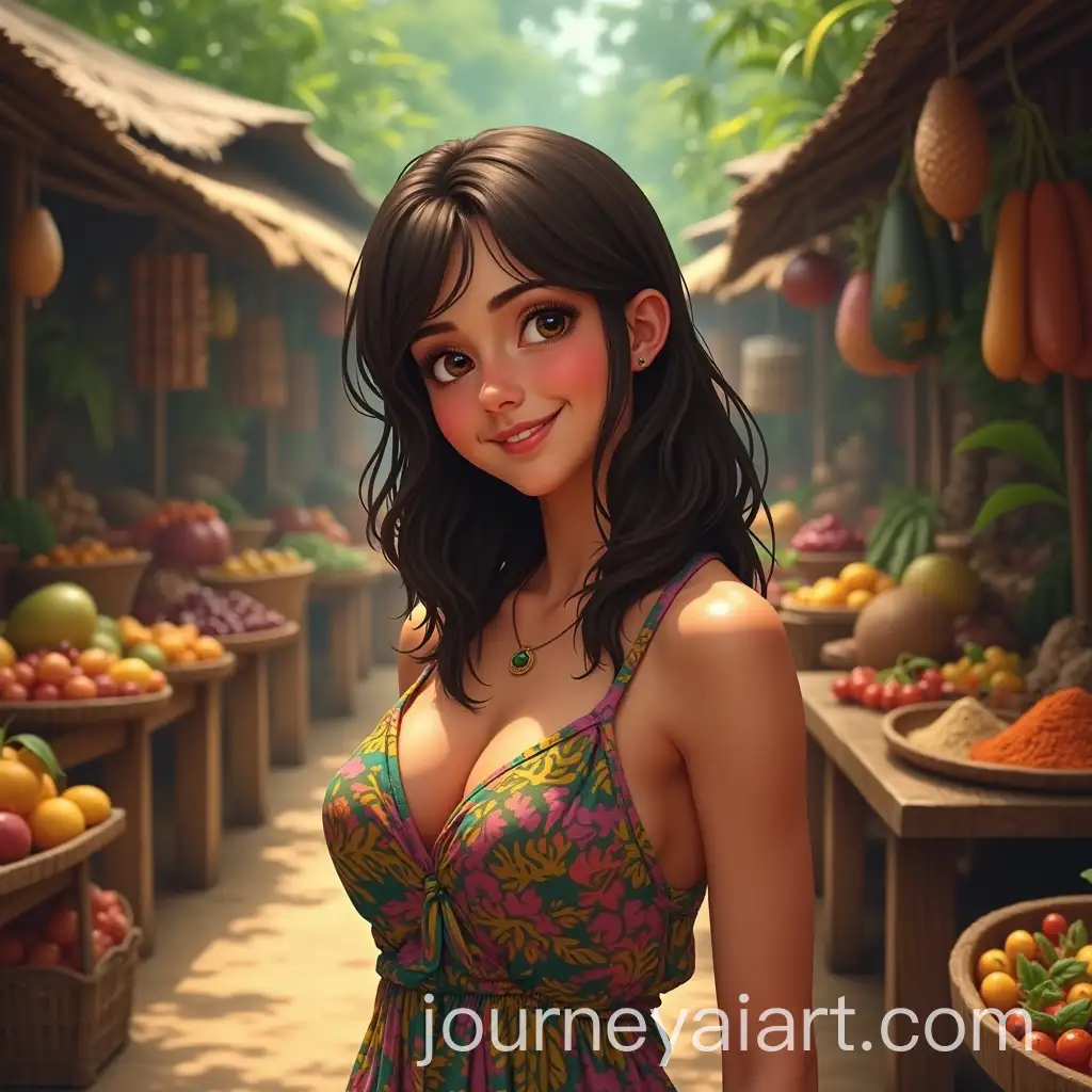 Confident-Young-Woman-at-Vibrant-Village-Market-with-Jungle-Background