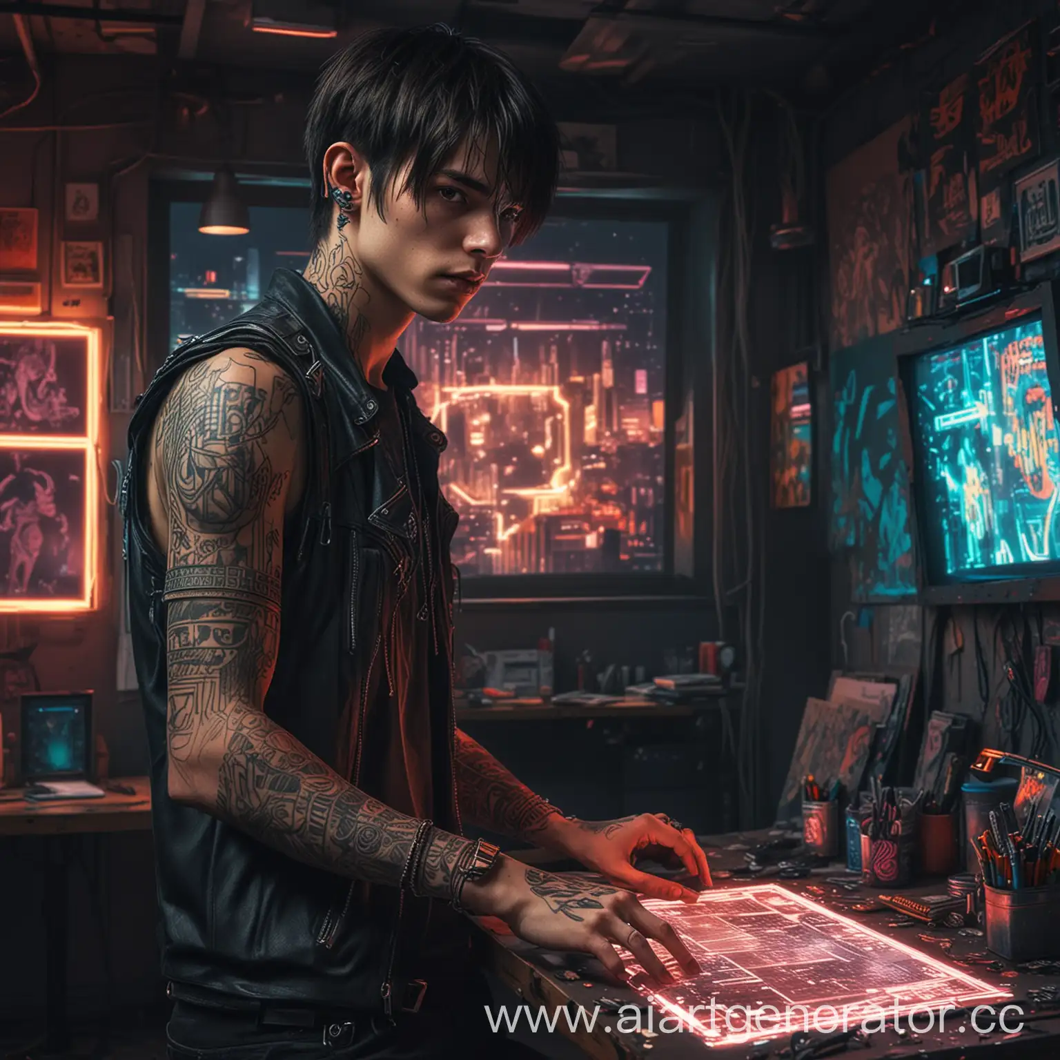 Draw an image of a young man artist (20 years old), very slender, with long bangs on the left side, dressed in cyberpunk style, a full-body shot standing in a room with neon lights and futuristic decor, intricate tattoos on his hands, holding an advanced digital drawing pad, a slightly dystopian atmosphere, textures with high detail, bright and contrasting colors, the room has a window with a view of the futuristic cityscape, art objects are scattered everywhere, reflecting the creative and chaotic atmosphere.