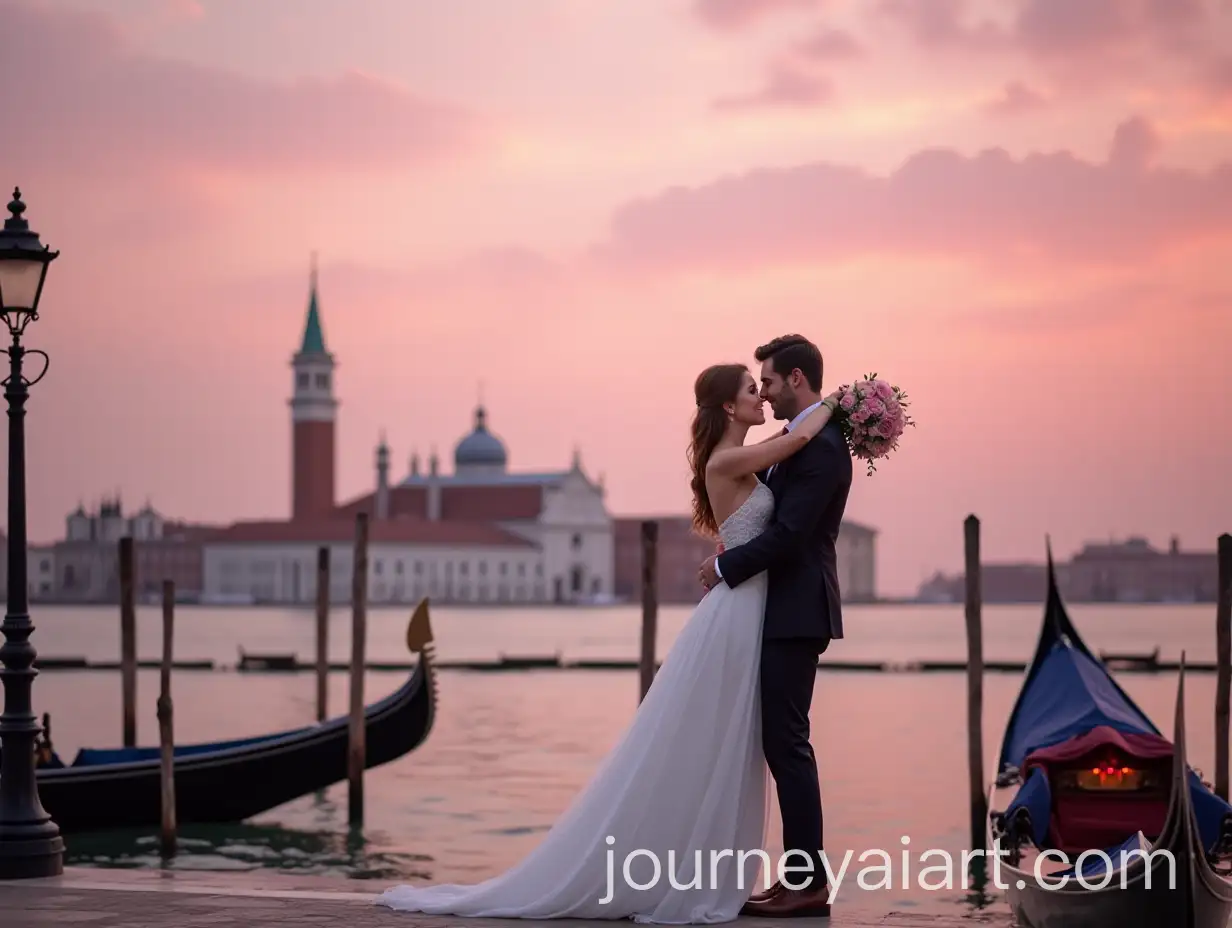 Elegant-Couple-Embracing-on-a-Venetian-Bridge-at-Sunset
