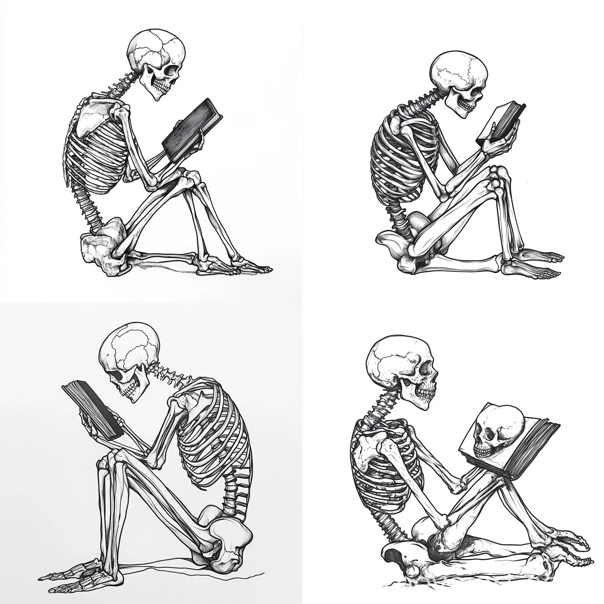 Fine-Line-Tattoo-Design-Skeleton-Holding-Detached-Skull-with-Book