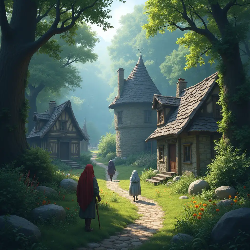 Create an enchanting fantasy digital painting depicting a Swat village with woodland creatures, wizards, and magic visual effects portrayed in JRR Tolkien style.