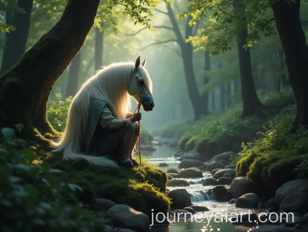 Druid-Sitting-Next-to-White-Horse-in-Magical-Forest-by-Stream