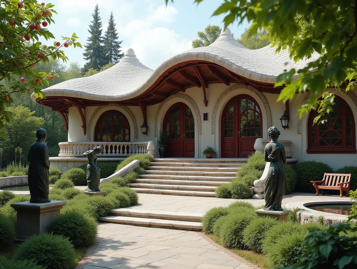 crooked house garden -with bronze Statues with red ornamentation in the form of triangular patterns, white roof, large windows with glass, curved, rough window shapes, winding grand entrance steps made of marble a small waterfall complex curved roof with dike, lanterns, bench apple tree 4K resolution colorful superWide-angle shots