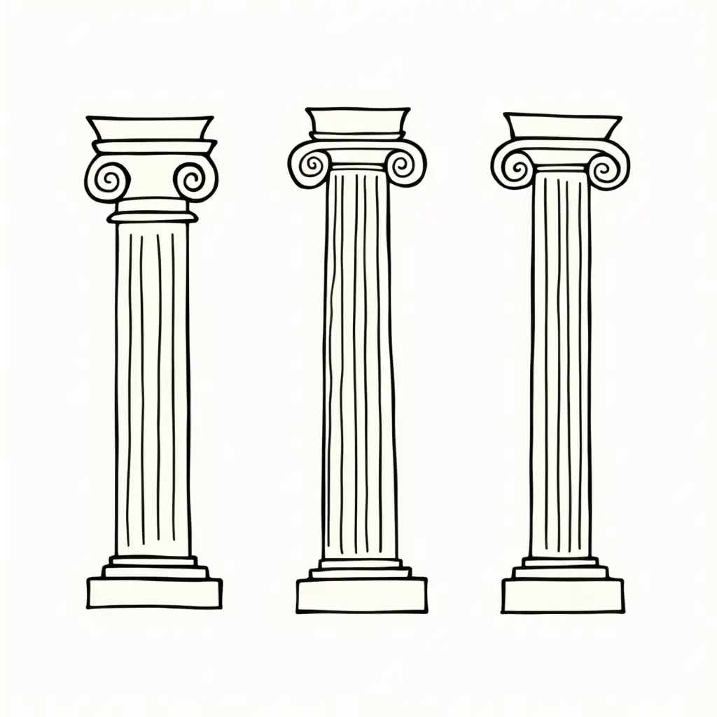 Henri Matisse style line art of three different styles of Roman and Greek columns