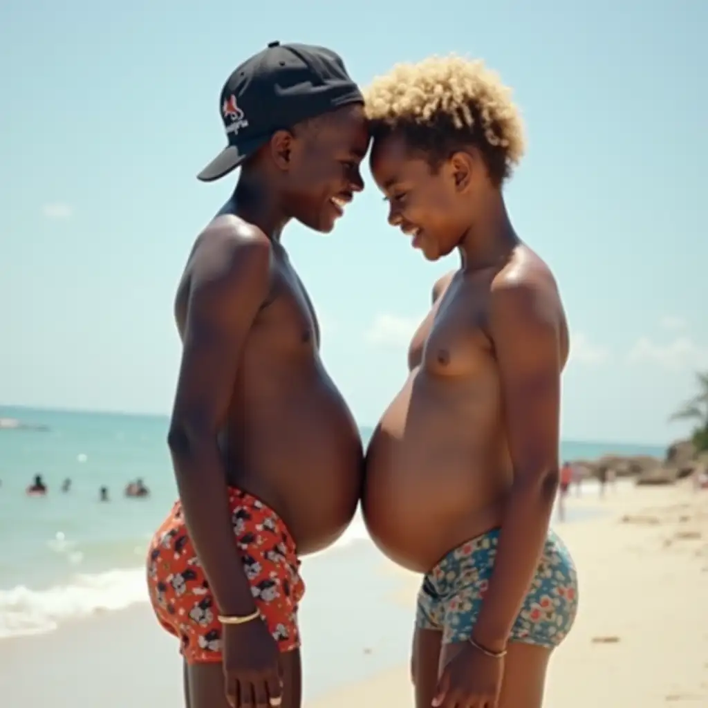 Two-Boys-at-the-Beach-with-Full-Water-Bellies-in-Spandex-Shorts