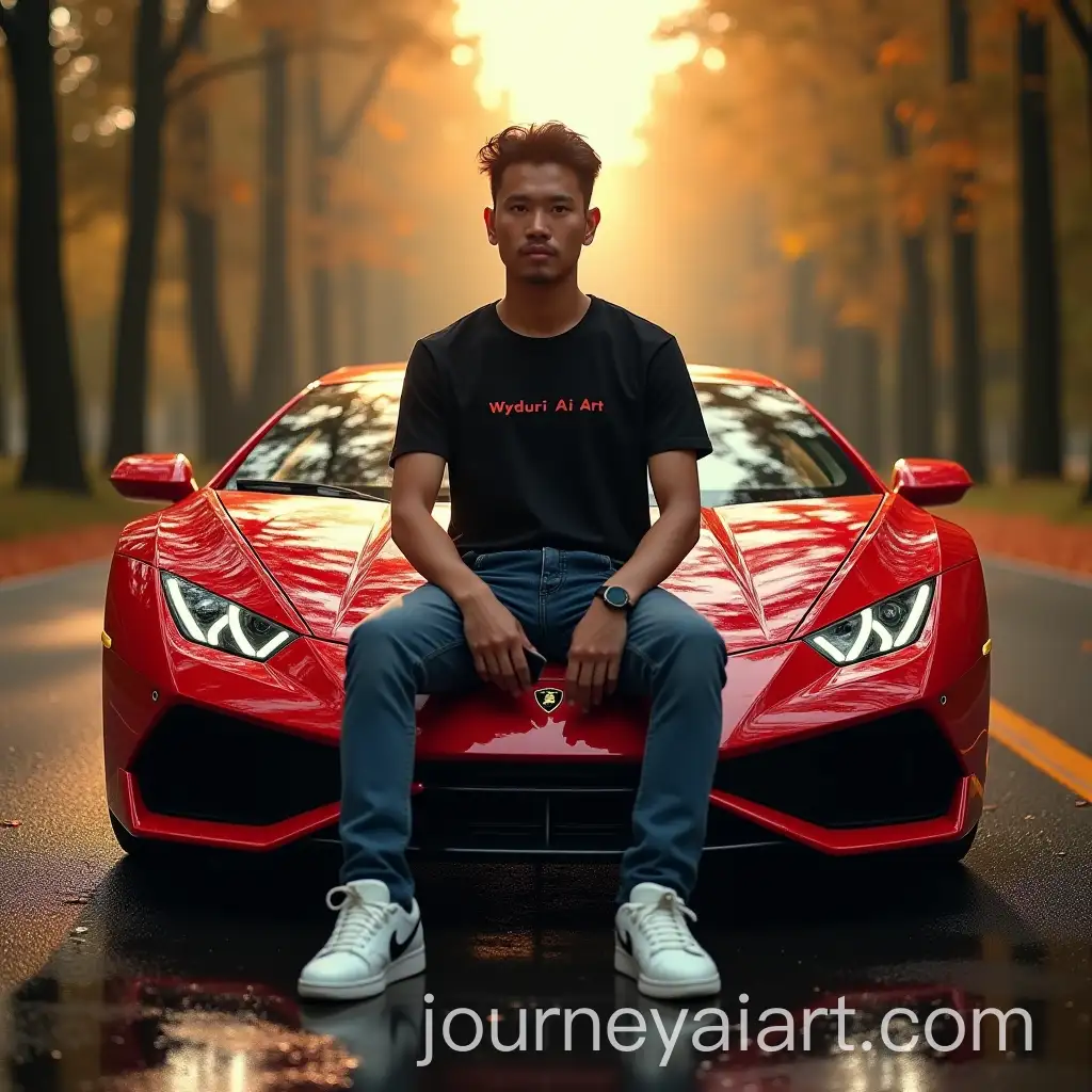 Young-Malaysian-Man-in-Black-TAI-Image-Prompt-ExpansionShirt-Posing-on-Luxury-Red-Lamborghini-with-Autumn-Forest-Background