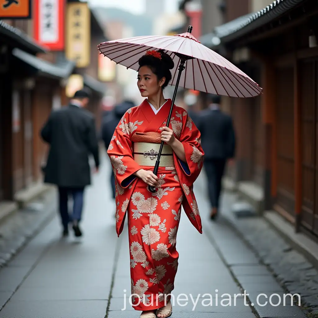 Mature-Woman-in-Kimono-Walking-with-Umbrella-in-Kyoto