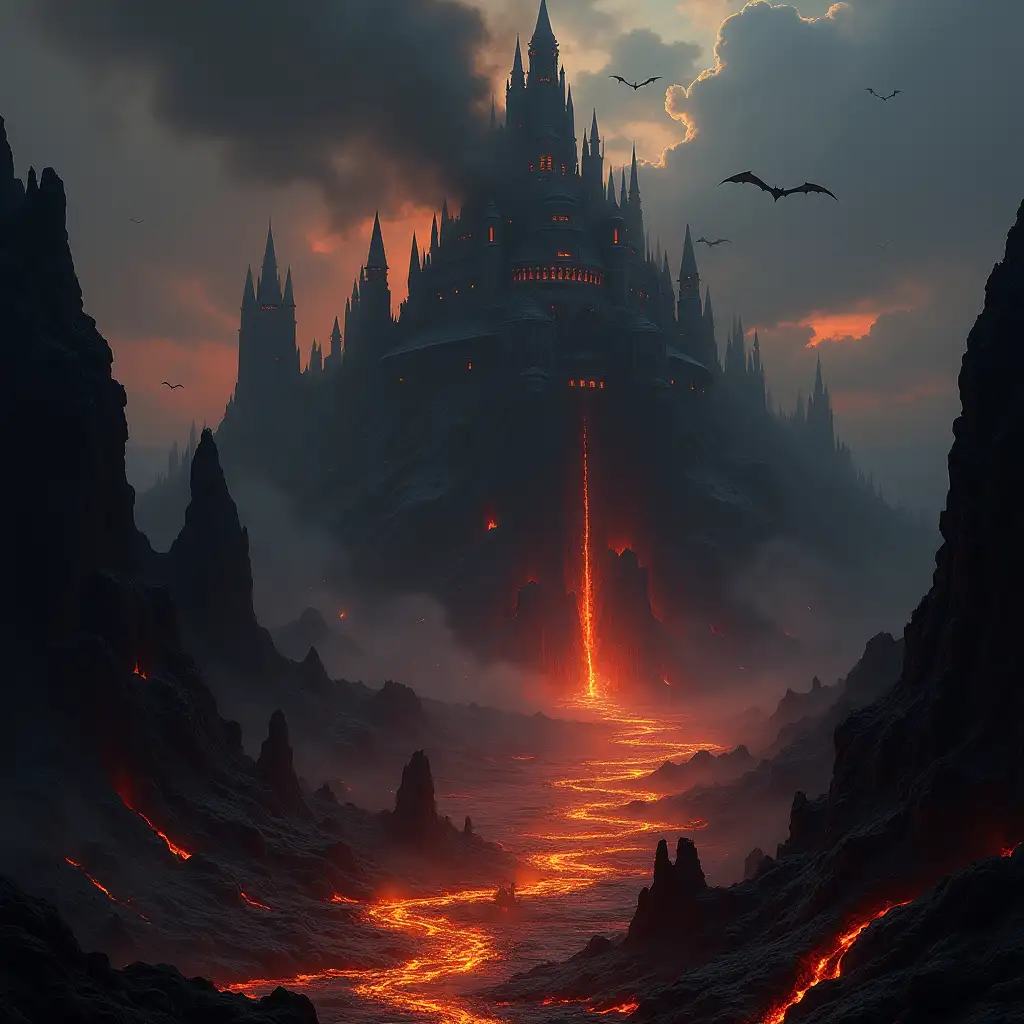 A colossal obsidian citadel rises from a jagged, volcanic landscape, its spires piercing a sky choked with ash and fire. The citadel's surface is a patchwork of sharp angles, grotesque carvings, and dimly lit windows that hint at unspeakable horrors within. Lava flows in thick, viscous rivers through the crags below, illuminating the citadel with an infernal glow and reflecting off the glassy black rock. The air shimmers with heat and a dense layer of black smoke, while countless grotesque, bat-like creatures circle its highest towers. Focus on depicting the textures of both cooled and flowing lava, the sharpness of obsidian, and the sheer scale of the structure against the tumultuous backdrop, realistic rendering of light and shadows is crucial.