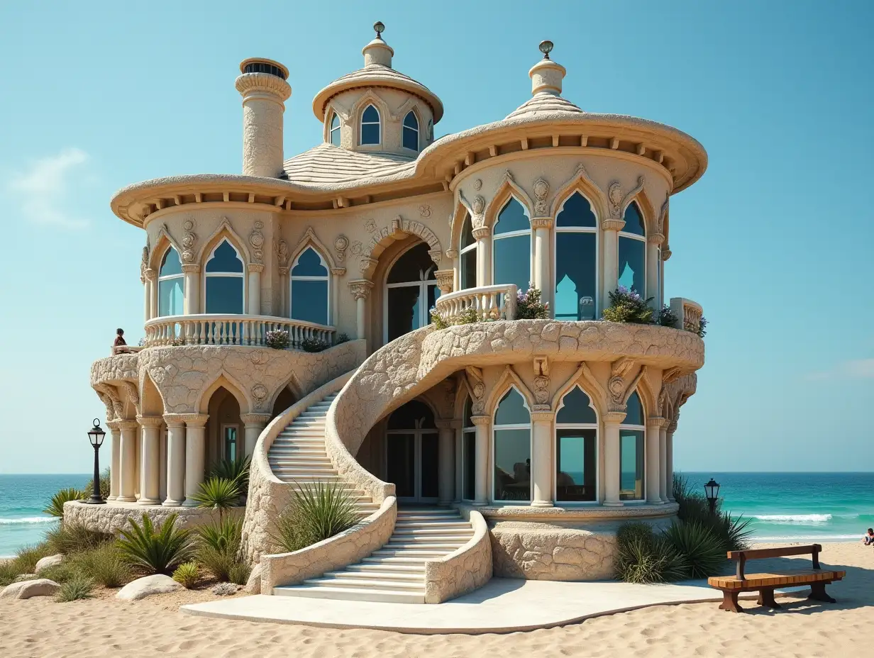 Crooked house with people at the beach  Plant decoration with stucco in the form of plant ornaments, large windows with glass closed, curved, smooth window shapes, winding grand entrance staircase made of marble complex, curved roof with dike, lanterns, bench on the beach with lending view to the sea 4K resolution colorful wide-angle shots