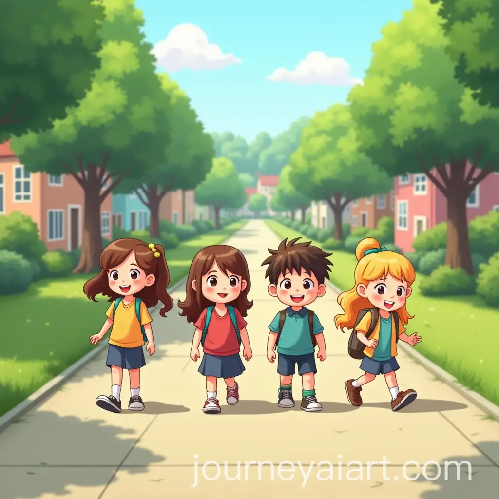 Cartoon-Characters-Walking-to-School-in-Green-Village