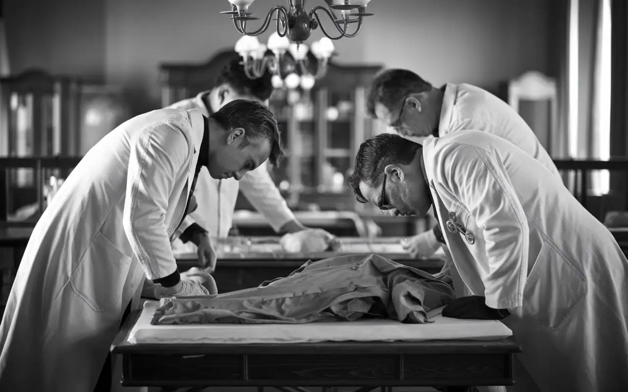 Medical-Detectives-Medici-Investigating-a-Crime-Scene-in-a-Black-and-White-Setting