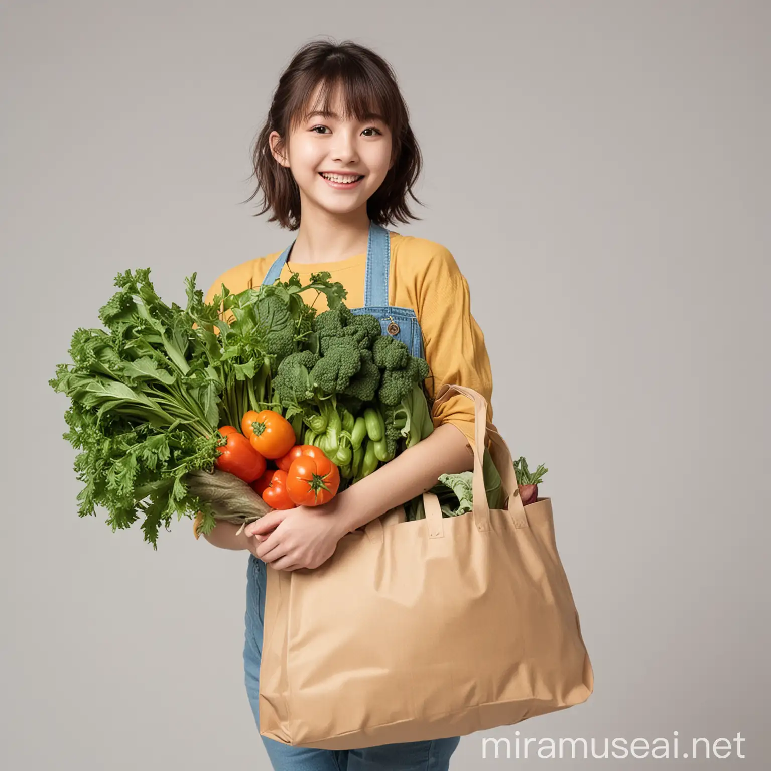 Cheerful Anime Girl Carrying Vegetables Bag in Studio