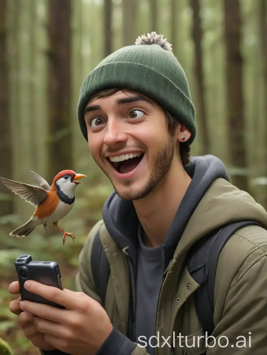 A 25 year old man wearing a beanie hat is photographing a bird with a happy facial expression in a beautiful forest