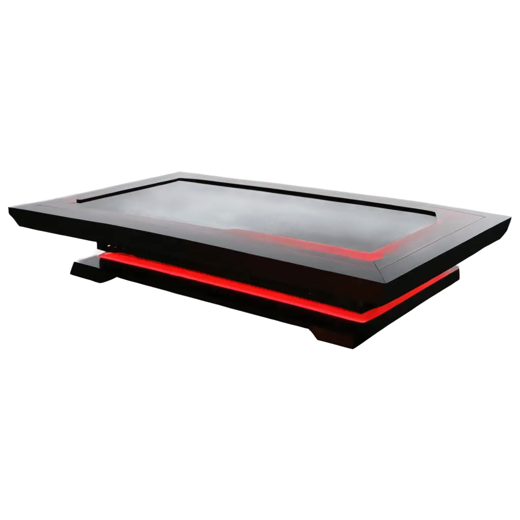 A sleek, futuristic gaming table with a black reflective glass surface and red LED lighting along its edges. The table has a modern, cyberpunk-inspired design with sharp lines and a sturdy build. The neon red accents create a striking contrast against the dark background, emphasizing its high-tech aesthetic.