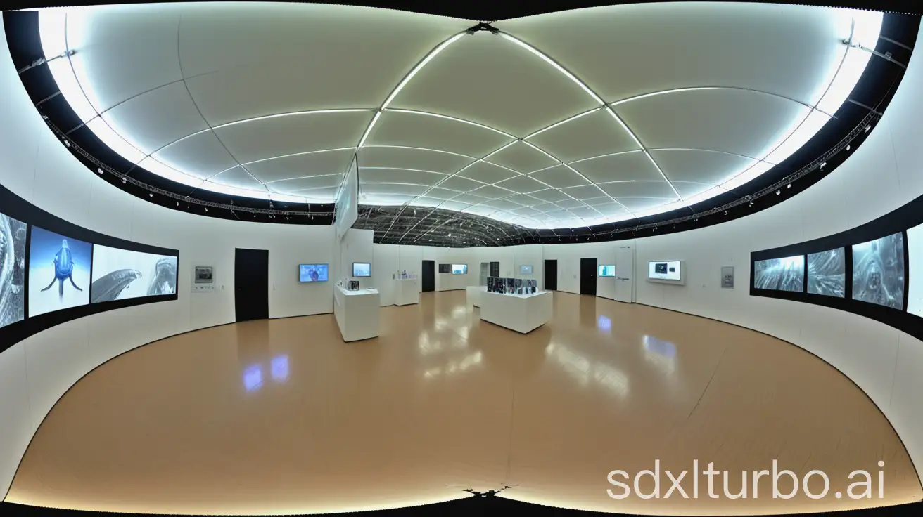 equirectangular photograph of a [surreal, technology exhibition hall]