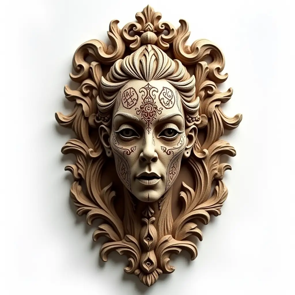 a magnificent carved sculpture made of wood, a museum exhibit, a work of art, a piece of jewelry art, ornate, on a white  background - sculpture made of wood a sensuality and erotic  Queen-warlock of the Dead, in full face, with detailed patterns and runes, with a drawn texture, beautiful, aesthetically pleasing, 16k, hyperdetalization, hyperrealism, on a white background--ar 5375 --s 250 --q 2 --style raw, hyper realistic, intricate detail 