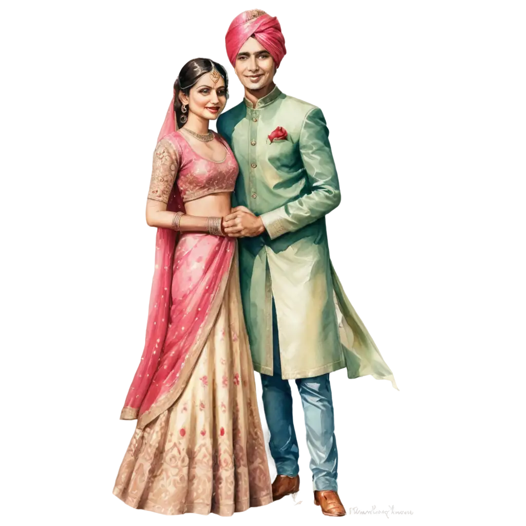 Watercolor-Indian-Wedding-Couple-PNG-Stunning-Lehenga-and-Sherwani-Imagery-for-Your-Projects