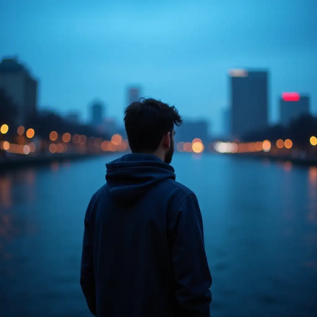 Solitary-Man-in-Hoodie-Gazing-at-Cityscape-by-Water-at-Blue-Hour