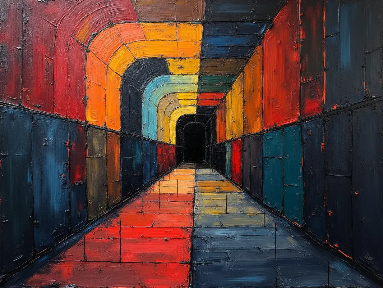 user_prompt: A grid-like painting, with a striped pattern, primitive and schematically depicting the underground with darkness in the style of Kandinsky, Malevich, minimalism, simplified for a beginner artist with acrylics and many colors, constructivism abstract