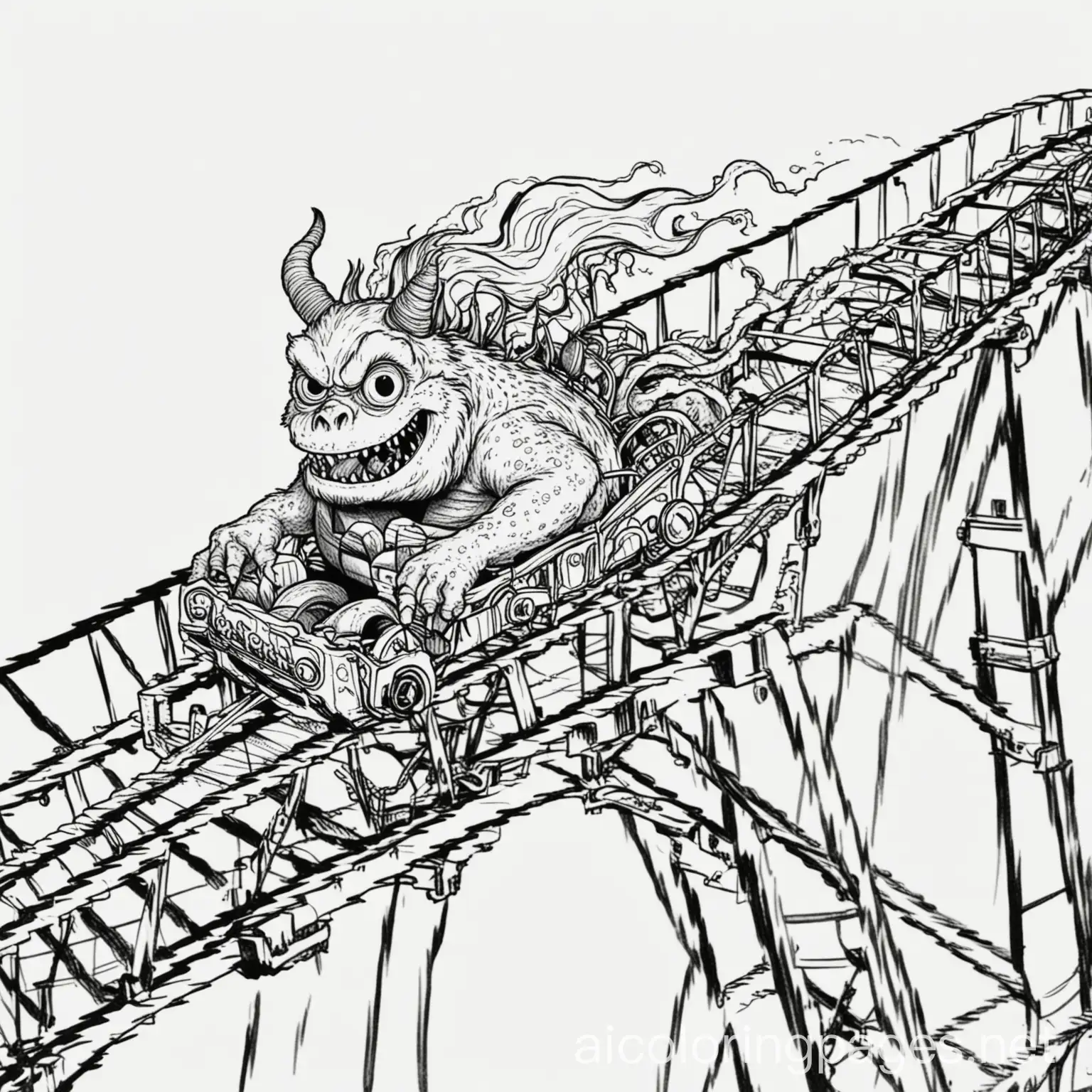 A monster that is riding a roller coaster, Coloring Page, black and white, line art, white background, Simplicity, Ample White Space. The background of the coloring page is plain white to make it easy for young children to color within the lines. The outlines of all the subjects are easy to distinguish, making it simple for kids to color without too much difficulty